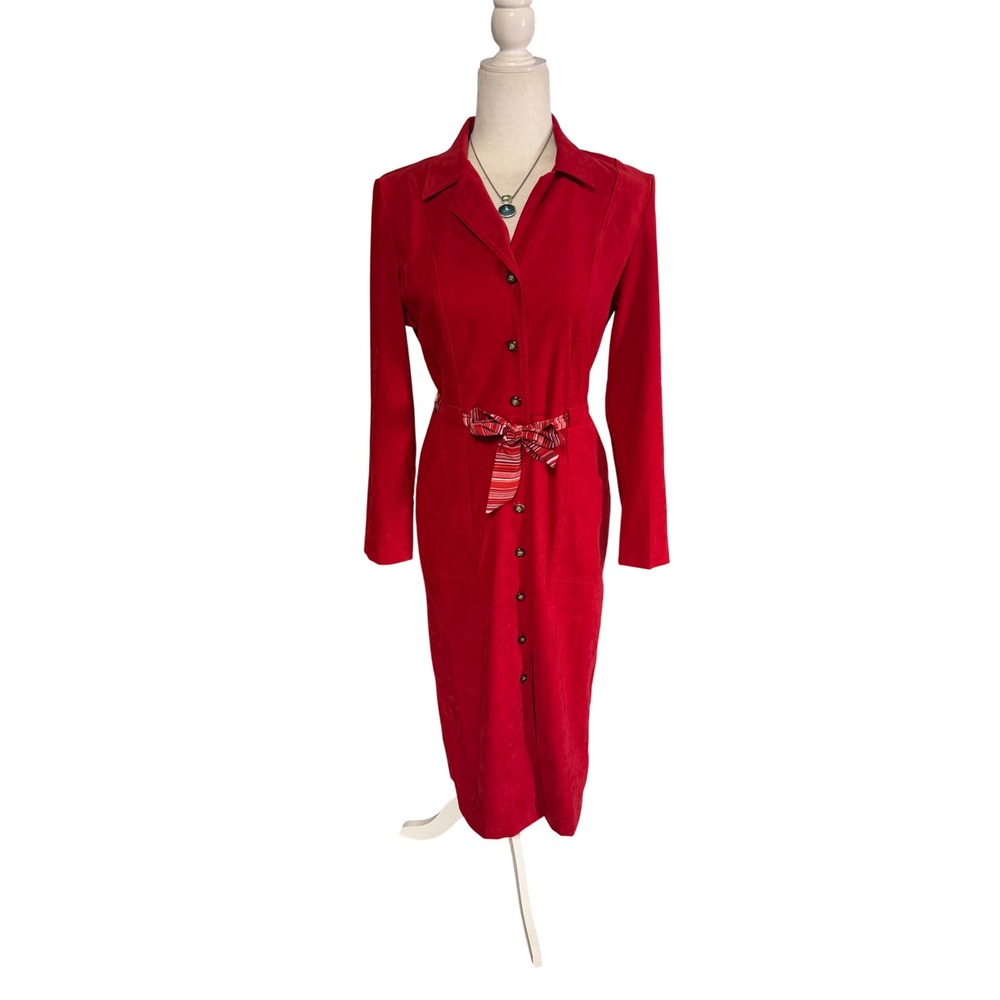 Vintage 90s Melissa Harper Red Button Front Midi Dress Belted Size 6P